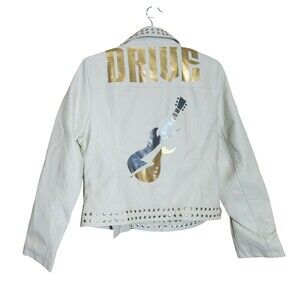 NWT NYC Washable Faux Leather Graphic Moto Jacket Drive Guitar Ivory Studded Med